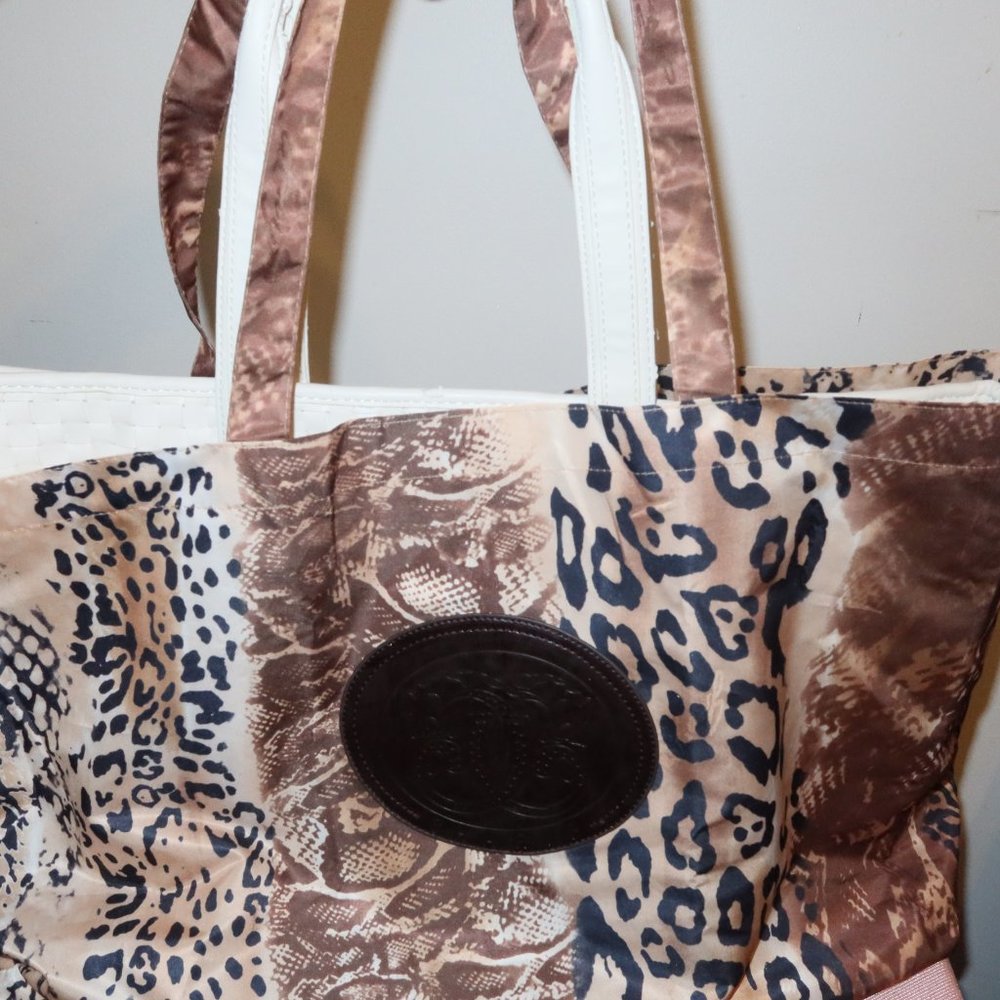 VINTAGE IMAN White Leather w/Animal Print Sharif Tote Bag